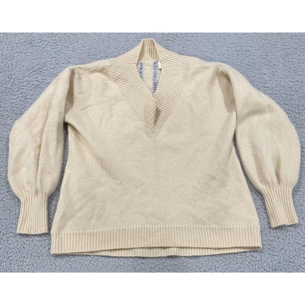 Charli Sweater Womens Small White 100% Cashmere V Neck Balloon Sleeve Knit